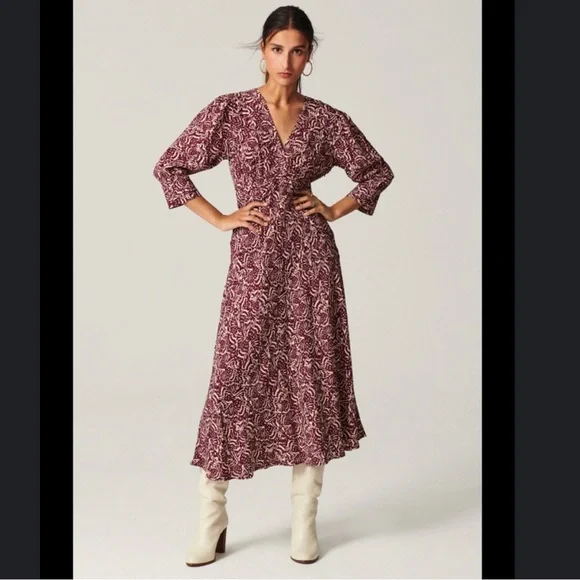 BA&SH Loa Midi dress in purple ivory print women’s size US 8 INT L - Picture 4 of 11